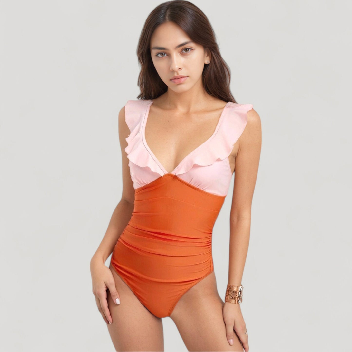 One Piece Swimsuit with Ruffle Shoulder Straps Deep V-Neckline and Front Ruched Detail
