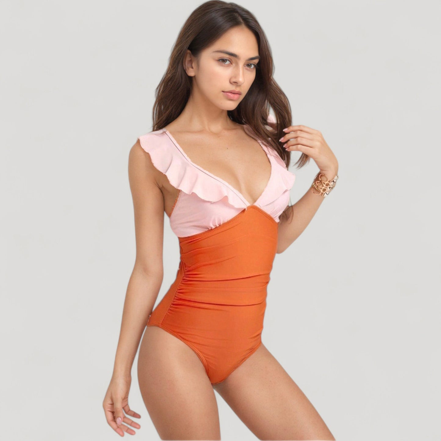 One Piece Swimsuit with Ruffle Shoulder Straps Deep V-Neckline and Front Ruched Detail