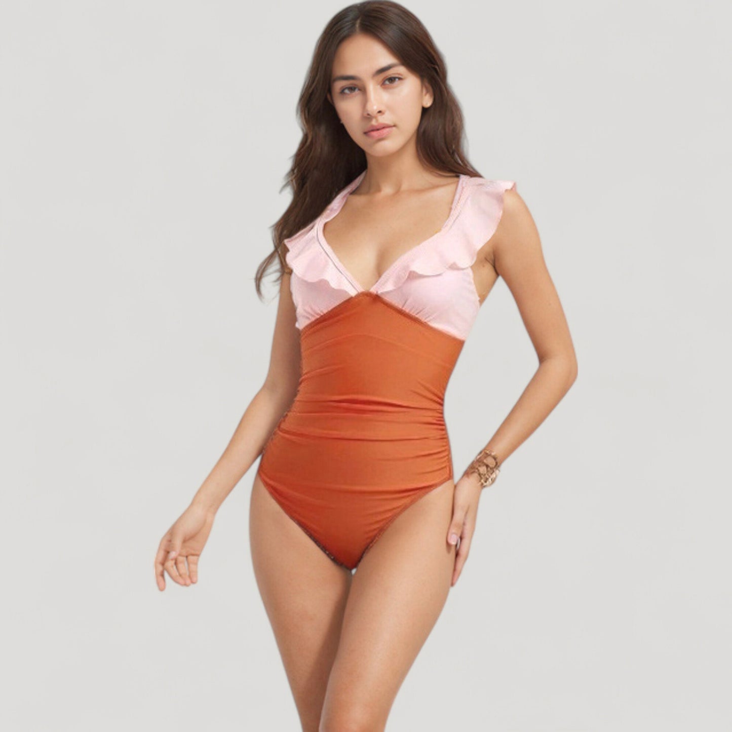 One Piece Swimsuit with Ruffle Shoulder Straps Deep V-Neckline and Front Ruched Detail