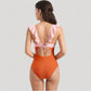 One Piece Swimsuit with Ruffle Shoulder Straps Deep V-Neckline and Front Ruched Detail