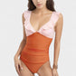 One Piece Swimsuit with Ruffle Shoulder Straps Deep V-Neckline and Front Ruched Detail