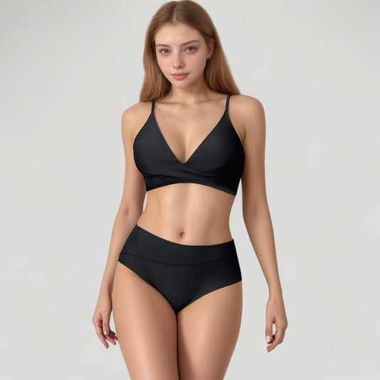 V-Neck Bikini Swimsuit with Crossover Top and High Waist Bottom