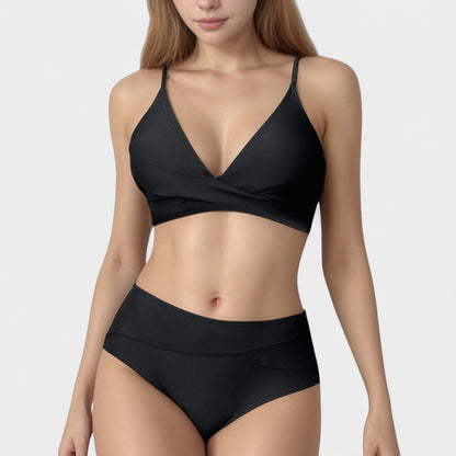 V-Neck Bikini Swimsuit with Crossover Top and High Waist Bottom
