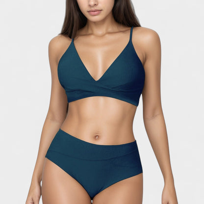 V-Neck Bikini Swimsuit with Crossover Top and High Waist Bottom