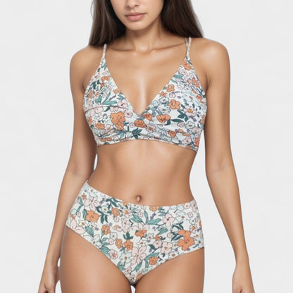 V-Neck Bikini Swimsuit with Crossover Top and High Waist Bottom