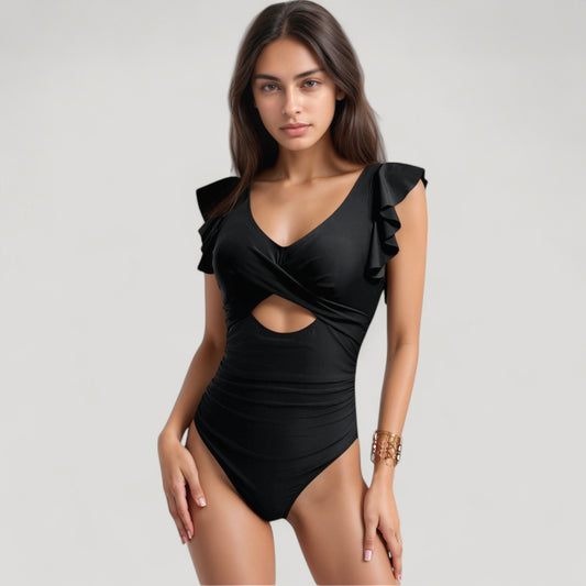 Ruffle Sleeve One Piece Swimsuit Cut Out Front Detail Ruched Waist Deep V Neckline