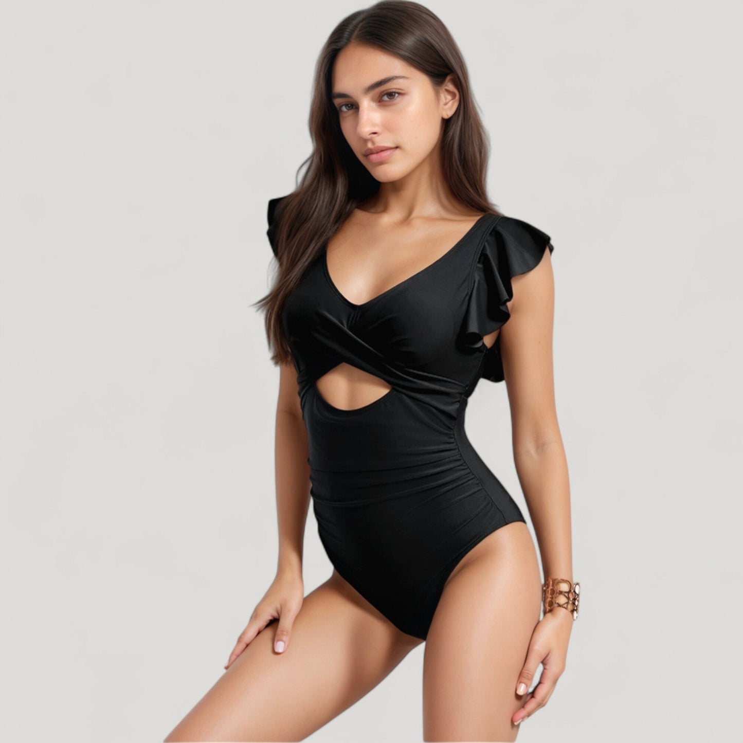 Ruffle Sleeve One Piece Swimsuit Cut Out Front Detail Ruched Waist Deep V Neckline