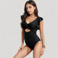 Ruffle Sleeve One Piece Swimsuit Cut Out Front Detail Ruched Waist Deep V Neckline