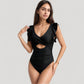 Ruffle Sleeve One Piece Swimsuit Cut Out Front Detail Ruched Waist Deep V Neckline