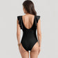 Ruffle Sleeve One Piece Swimsuit Cut Out Front Detail Ruched Waist Deep V Neckline