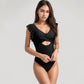 Ruffle Sleeve One Piece Swimsuit Cut Out Front Detail Ruched Waist Deep V Neckline