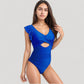 Ruffle Sleeve One Piece Swimsuit Cut Out Front Detail Ruched Waist Deep V Neckline