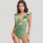 Ruffle Sleeve One Piece Swimsuit Cut Out Front Detail Ruched Waist Deep V Neckline