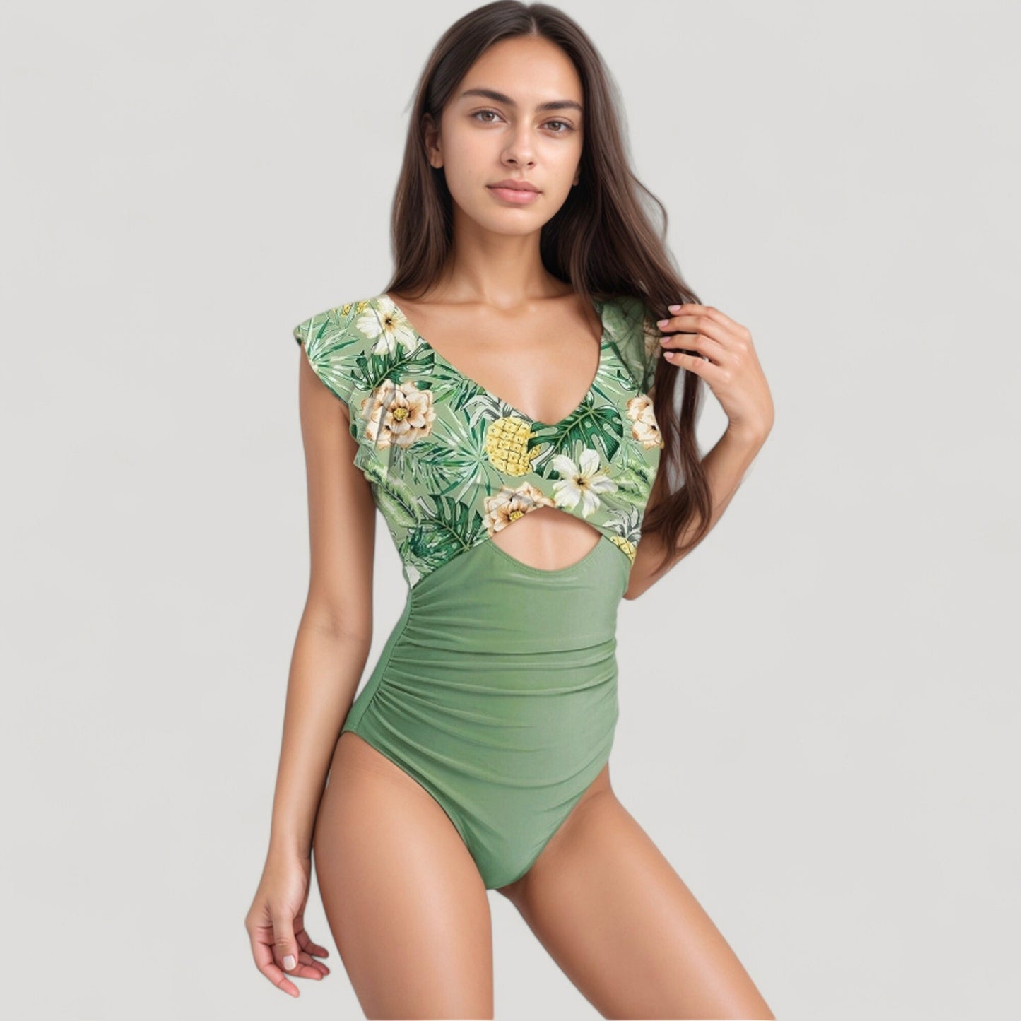 Ruffle Sleeve One Piece Swimsuit Cut Out Front Detail Ruched Waist Deep V Neckline