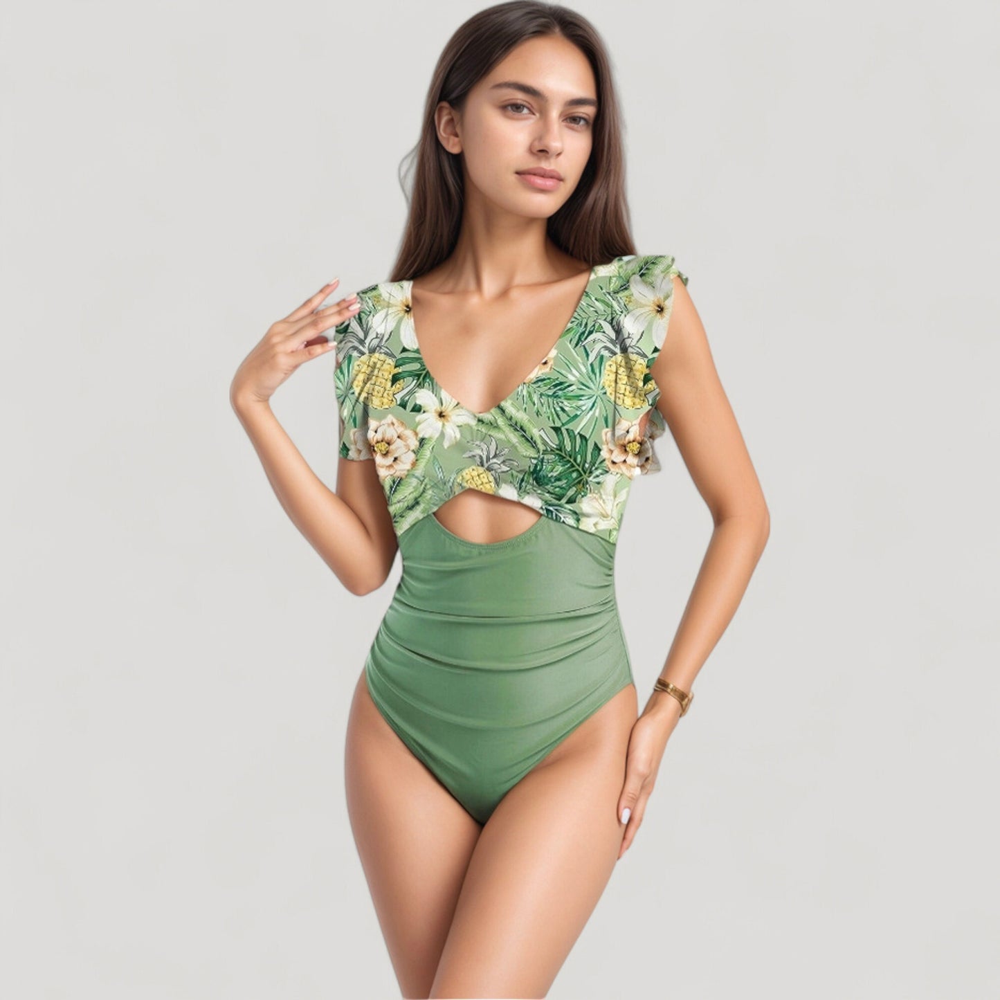 Ruffle Sleeve One Piece Swimsuit Cut Out Front Detail Ruched Waist Deep V Neckline