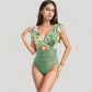 Ruffle Sleeve One Piece Swimsuit Cut Out Front Detail Ruched Waist Deep V Neckline