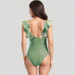 Ruffle Sleeve One Piece Swimsuit Cut Out Front Detail Ruched Waist Deep V Neckline