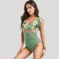 Ruffle Sleeve One Piece Swimsuit Cut Out Front Detail Ruched Waist Deep V Neckline