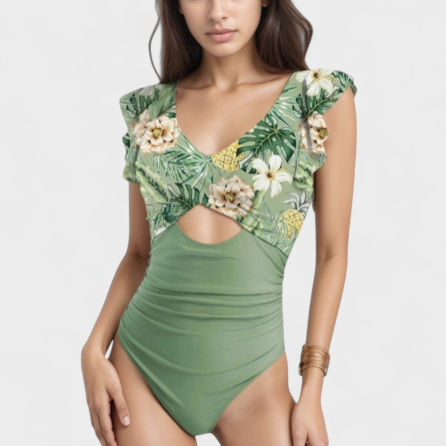 Ruffle Sleeve One Piece Swimsuit Cut Out Front Detail Ruched Waist Deep V Neckline