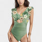 Ruffle Sleeve One Piece Swimsuit Cut Out Front Detail Ruched Waist Deep V Neckline
