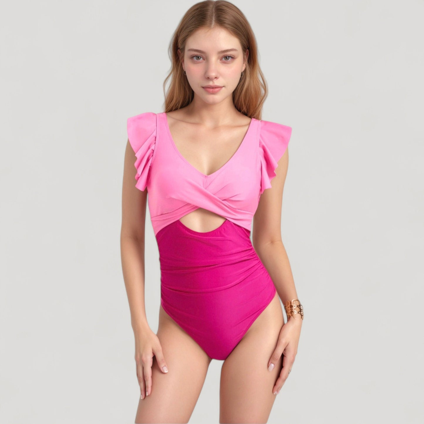 Ruffle Sleeve One Piece Swimsuit Cut Out Front Detail Ruched Waist Deep V Neckline