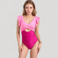 Ruffle Sleeve One Piece Swimsuit Cut Out Front Detail Ruched Waist Deep V Neckline
