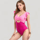 Ruffle Sleeve One Piece Swimsuit Cut Out Front Detail Ruched Waist Deep V Neckline