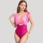 Ruffle Sleeve One Piece Swimsuit Cut Out Front Detail Ruched Waist Deep V Neckline