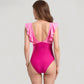 Ruffle Sleeve One Piece Swimsuit Cut Out Front Detail Ruched Waist Deep V Neckline