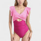 Ruffle Sleeve One Piece Swimsuit Cut Out Front Detail Ruched Waist Deep V Neckline