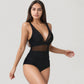 Deep V Mesh Panel One Piece Swimsuit with Sheer Waist Detail and Adjustable Straps