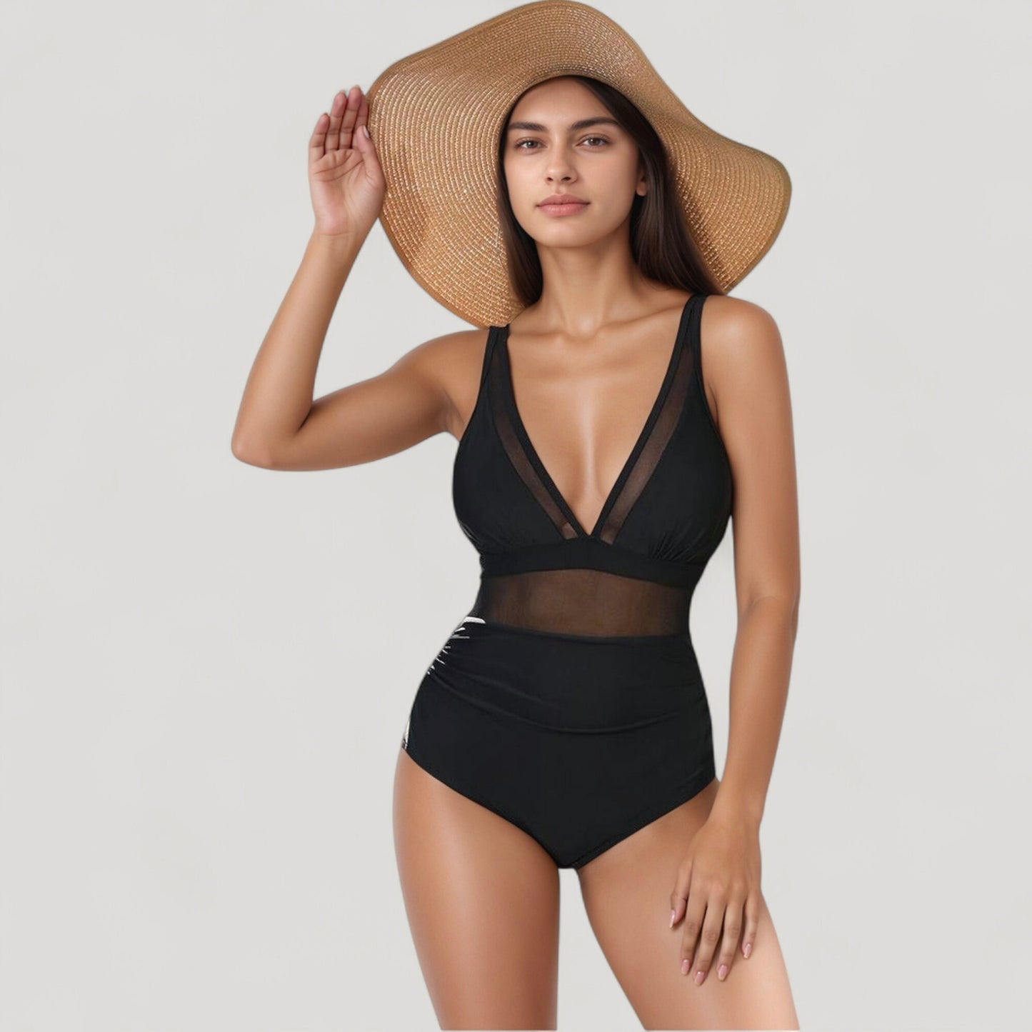 Deep V Mesh Panel One Piece Swimsuit with Sheer Waist Detail and Adjustable Straps