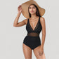 Deep V Mesh Panel One Piece Swimsuit with Sheer Waist Detail and Adjustable Straps
