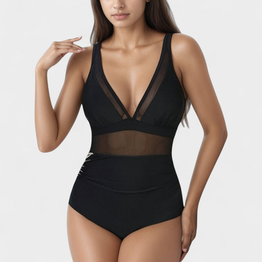 Deep V Mesh Panel One Piece Swimsuit with Sheer Waist Detail and Adjustable Straps