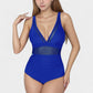Deep V Mesh Panel One Piece Swimsuit with Sheer Waist Detail and Adjustable Straps