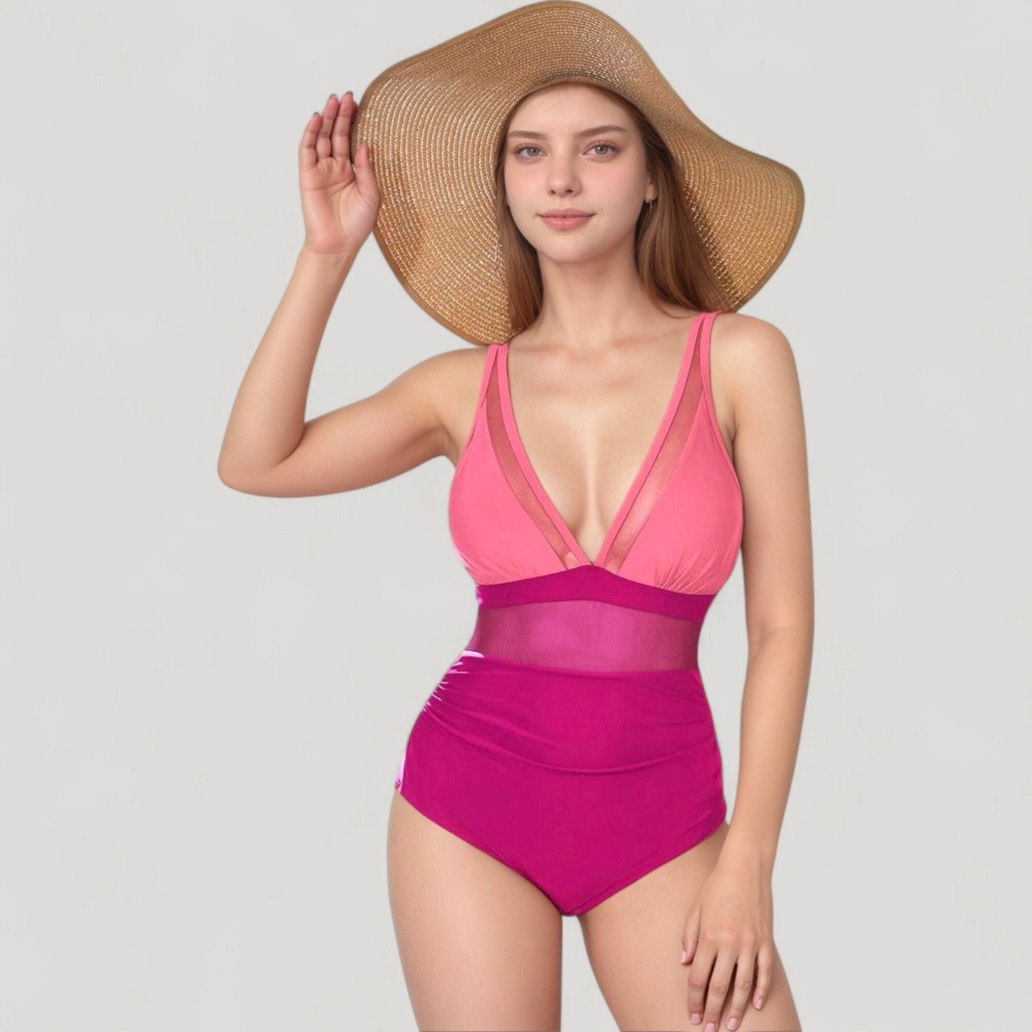 Deep V Mesh Panel One Piece Swimsuit with Sheer Waist Detail and Adjustable Straps