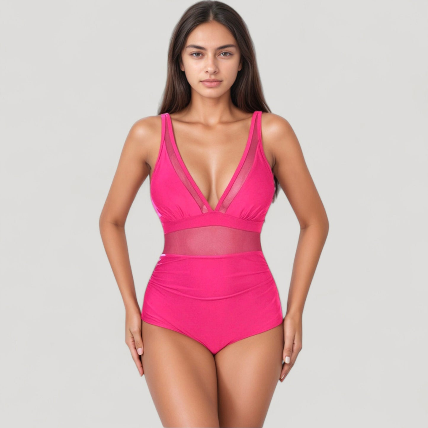 Deep V Mesh Panel One Piece Swimsuit with Sheer Waist Detail and Adjustable Straps