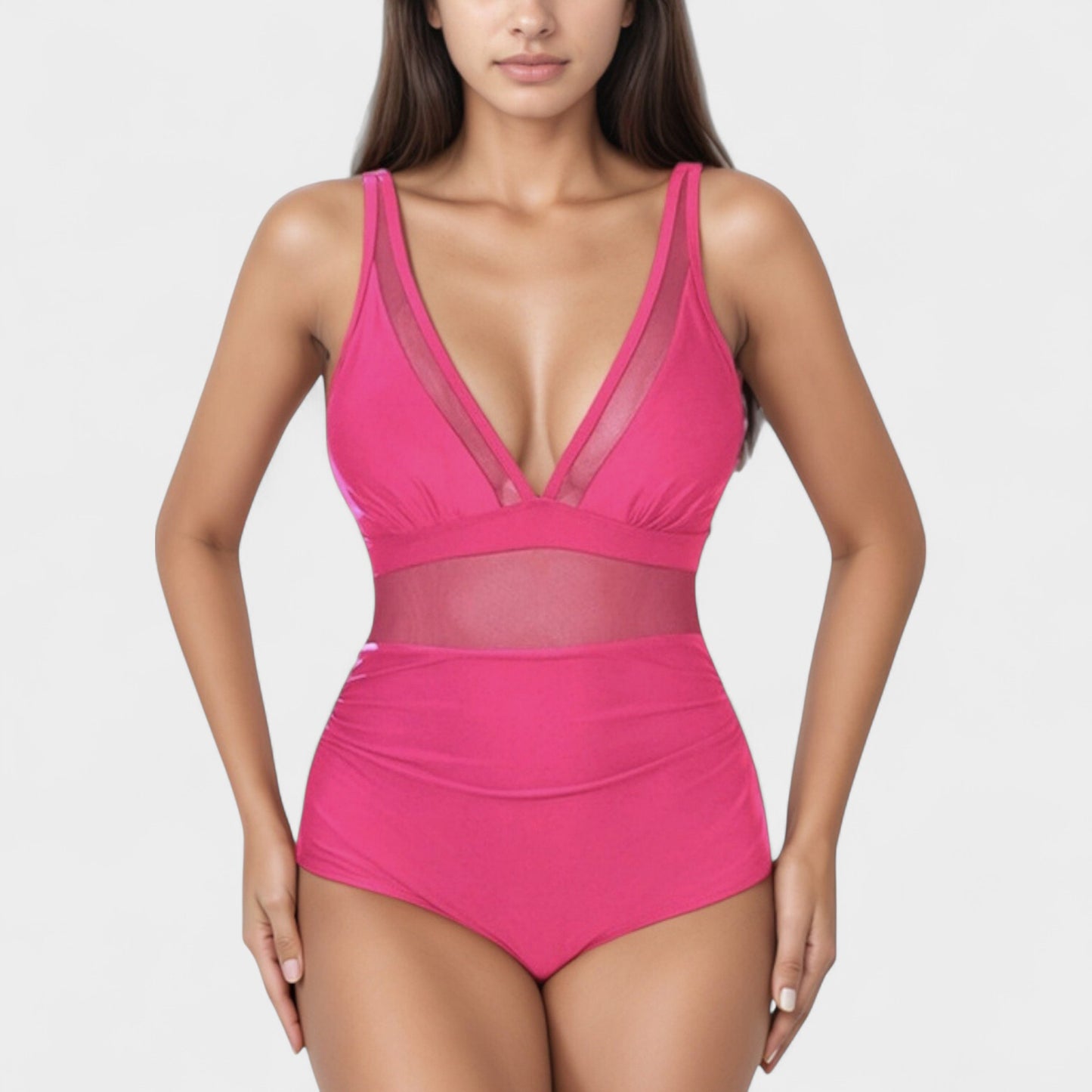 Deep V Mesh Panel One Piece Swimsuit with Sheer Waist Detail and Adjustable Straps
