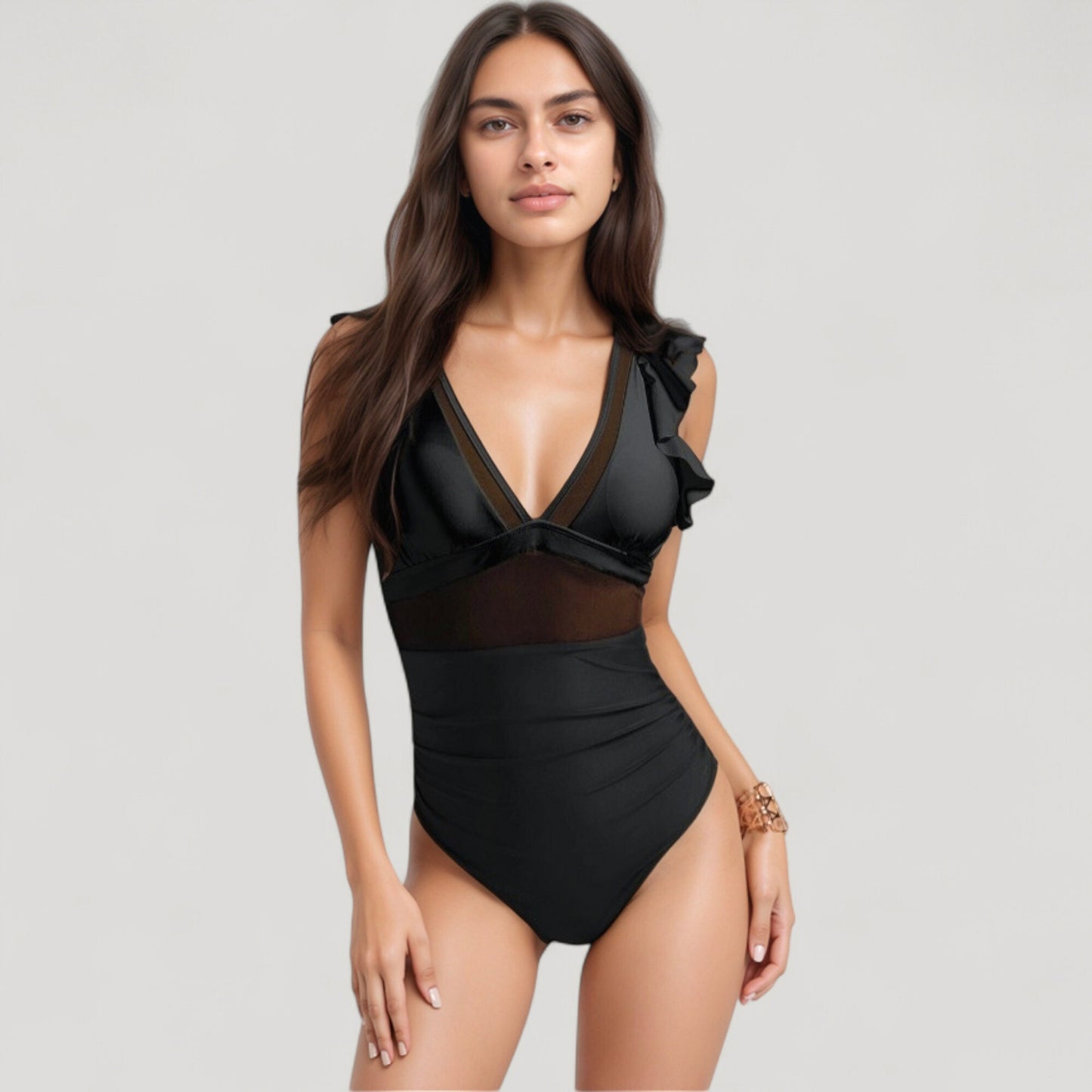 Mesh Panel One Piece Swimsuit with Ruffle Shoulder Detail and Deep V Neckline