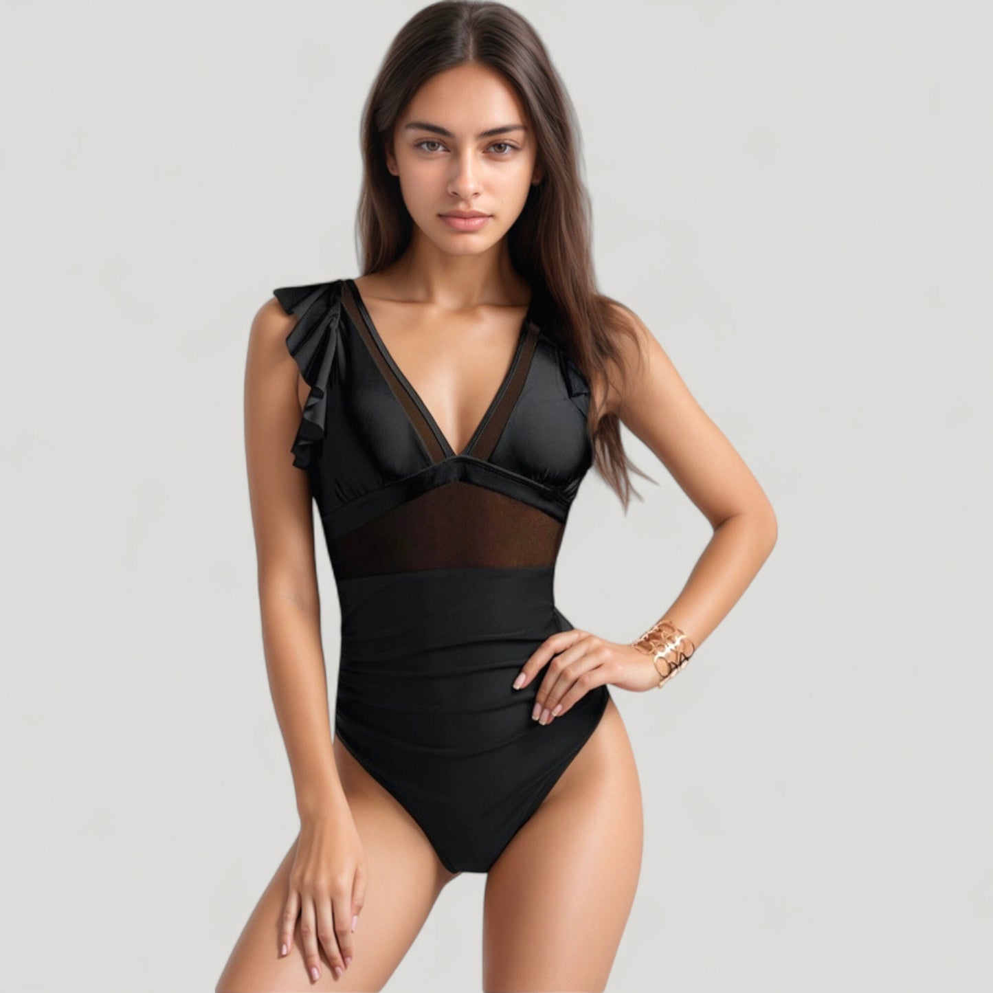 Mesh Panel One Piece Swimsuit with Ruffle Shoulder Detail and Deep V Neckline