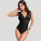 Mesh Panel One Piece Swimsuit with Ruffle Shoulder Detail and Deep V Neckline