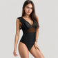 Mesh Panel One Piece Swimsuit with Ruffle Shoulder Detail and Deep V Neckline