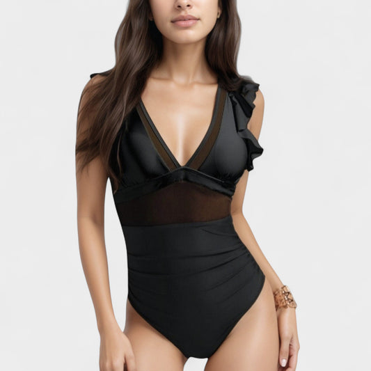 Mesh Panel One Piece Swimsuit with Ruffle Shoulder Detail and Deep V Neckline