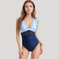 Mesh Panel One Piece Swimsuit with Ruffle Shoulder Detail and Deep V Neckline