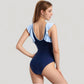Mesh Panel One Piece Swimsuit with Ruffle Shoulder Detail and Deep V Neckline