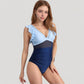 Mesh Panel One Piece Swimsuit with Ruffle Shoulder Detail and Deep V Neckline