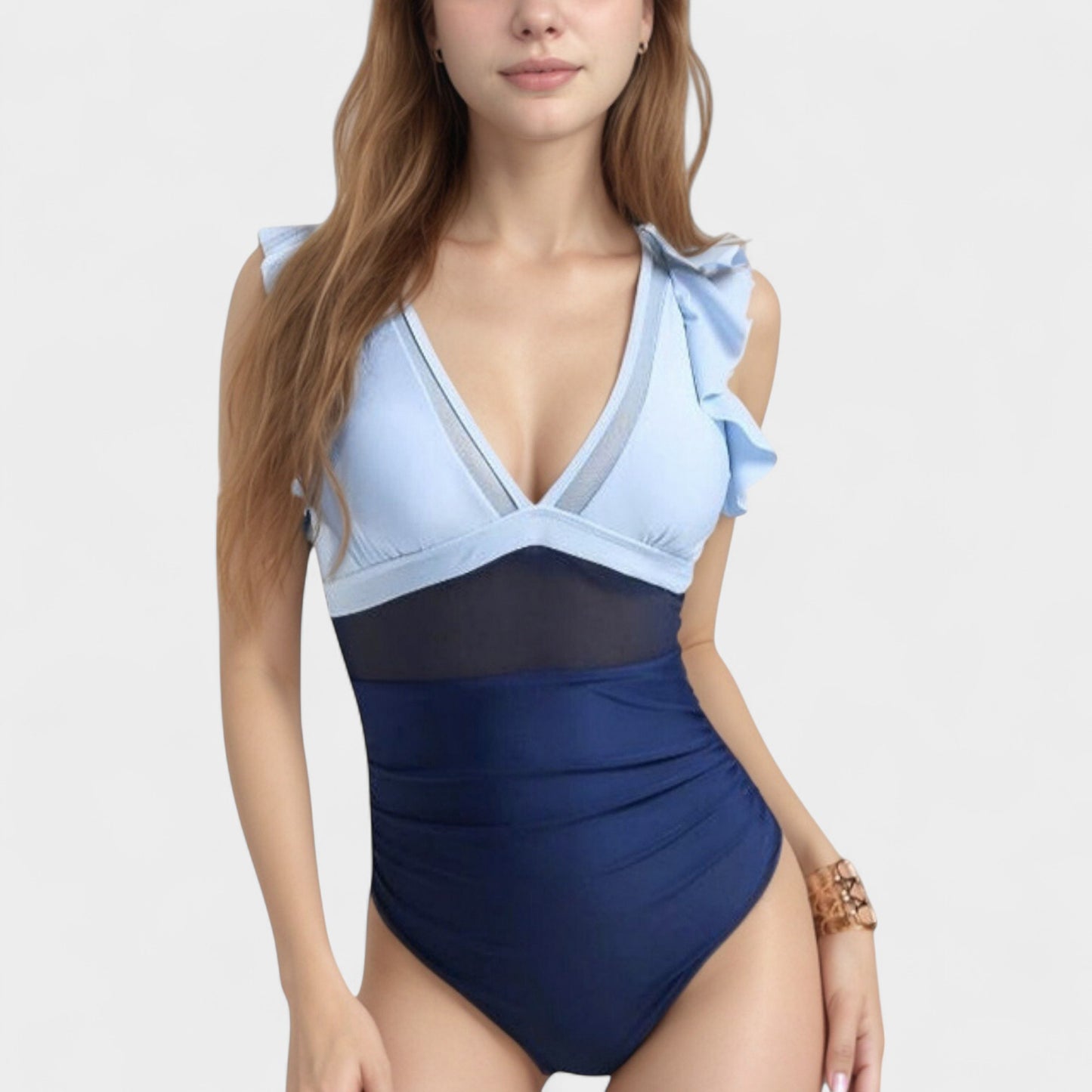 Mesh Panel One Piece Swimsuit with Ruffle Shoulder Detail and Deep V Neckline