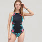 High Neck One Piece Swimsuit with Floral Side Panels and Ruched Waist Detail