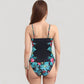High Neck One Piece Swimsuit with Floral Side Panels and Ruched Waist Detail