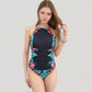 High Neck One Piece Swimsuit with Floral Side Panels and Ruched Waist Detail